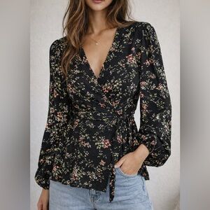 Women XL Floral Black Wrap Top Fairy Cottagecore Dark Romantic Coquette Boho